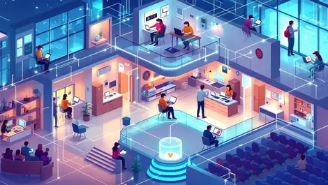 Modern building interior people using laptops tablets vr wireless connectivity