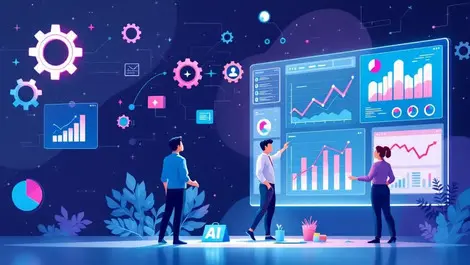 Business professionals analyzing data charts ai integration technology driven strategy modern office