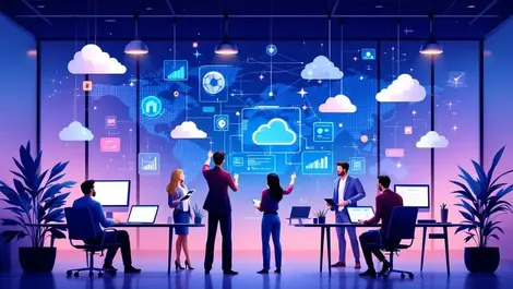 Modern office professionals collaborating cloud connected digital interfaces