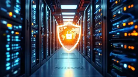 Realistic secure data center filled with servers network cables with shield symbol representing cybersecurity