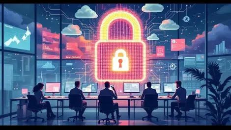 Business office new zealand professionals computers digital lock cyber threats storm clouds climate risks