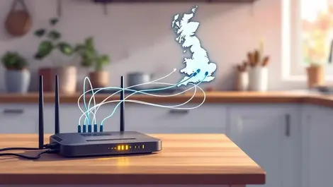 Illustrated broadband internet router kitchen table uk map connectivity