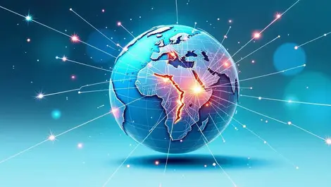 Illustration globe connected by digital lines with broken sparking lines symbolizing disrupted global network interrupted digital payments