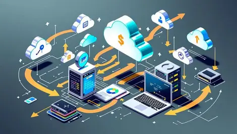 Detailed illustration computer servers cloud icons dynamic arrows global growth
