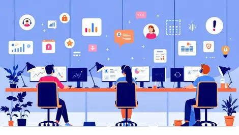 Business contact centre employees working computer video calls analytics security