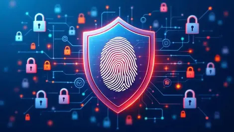 Digital fingerprint shield with interconnected lines and locks cyber security