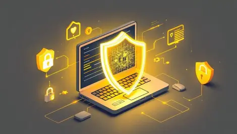 Computer with glowing protective barrier surrounded by cybersecurity icons