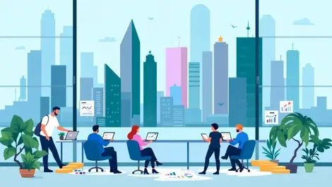 Modern office collaboration with australian city skyline technology business growth