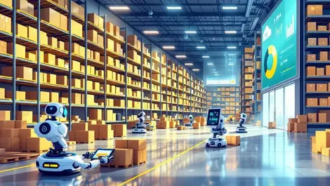 Modern warehouse interior automated robots organized shelves digital data