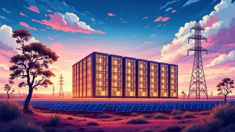 Australian data center with solar panels power lines eucalyptus landscape