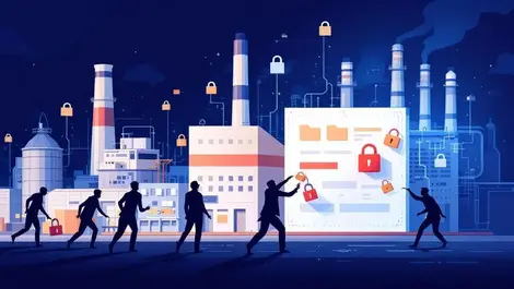 Factory data theft extortion manufacturing sector illustration shadowy figures