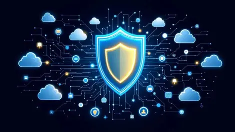 Digital shield surrounded by computer networks cloud icons cybersecurity framework