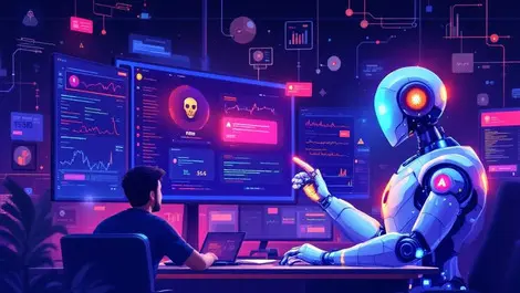 Team software engineers monitoring screens with ai robot assistant its center