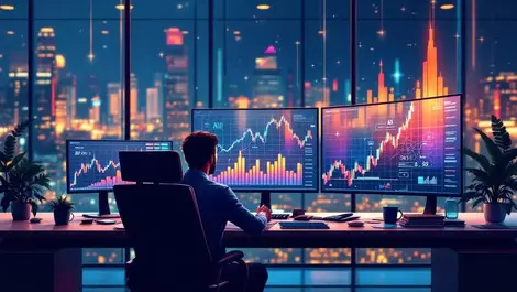 Ai powered wealth manager in glass office with rising financial charts