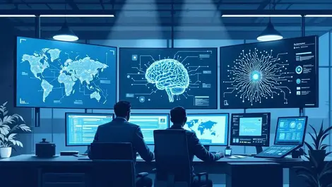 Corporate it soc ai neural network monitors blue modern office