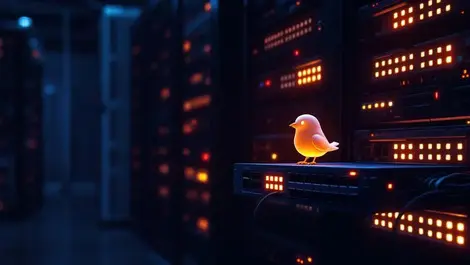 Dark server room blinking racks bird figurine alert moody light