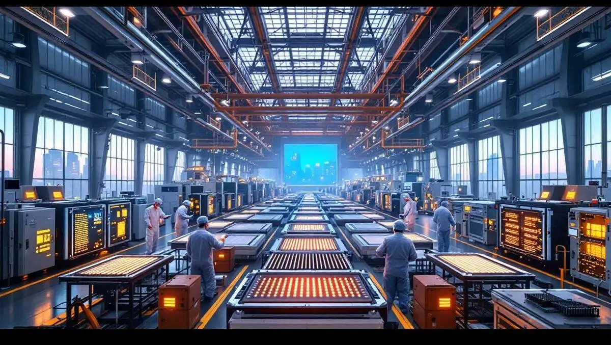 Massive asian chip fab cleanroom with technicians and data center view