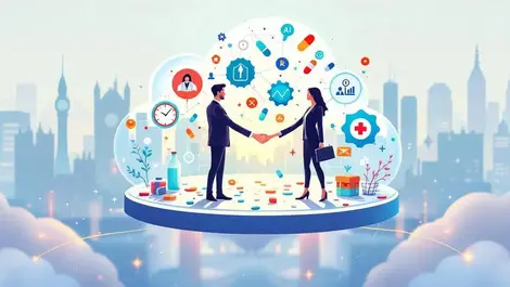 Ai cloud software drug trials teams handshake london skyline