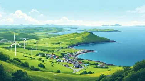 Isle of man coastline green hills renewables celtic knots view