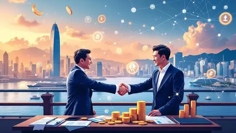 Hong kong skyline business deal traditional and blockchain finance
