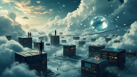 Hybrid cloud landscape glass data sphere on tightrope profit pressure