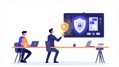 Software team security champion analyzing shield icon large screen