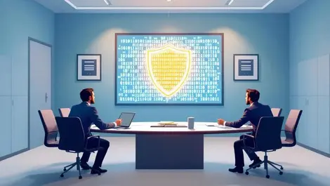 Uk boardroom executives glowing binary shield data governance