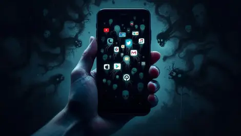 Moody android phone zombie apps leech icons fraud drain tech art