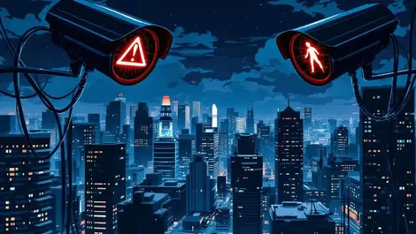 Australian city night cctv hacker warning shadowy silhouette