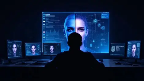 Moody shadow figure ai biometric screens anti online fraud scene