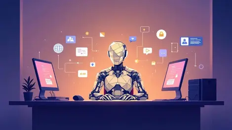 Ai service desk orchestrating workflows in modern minimal office scene