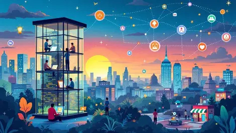 Indian tech hub dusk open source ai cityscape agri health retail