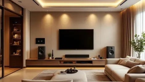 Modern mumbai living room with smart home devices and projector
