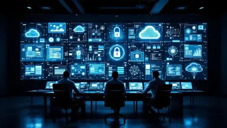 Enterprise ai security operations center with analysts and wall screens