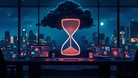 Ai cyber attack hourglass binary lock cloud night office scene