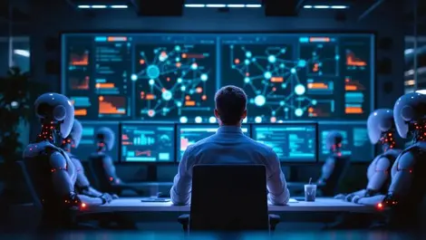 Ciso overseeing ai security robots in nighttime office scene