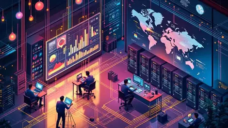 Isometric data center ai ops room global testing infrastructure