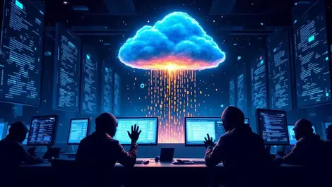 Global office night cyber attack hacker shadows cracked cloud