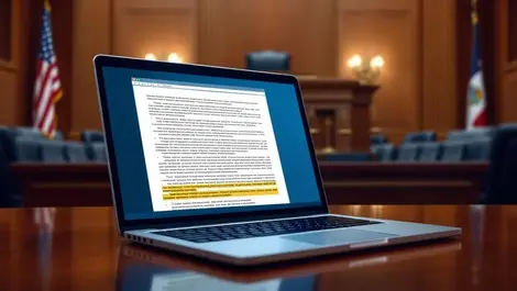 Modern us courtroom laptop reviewing ai generated legal brief